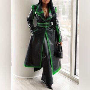 Women's Black and Green Belted Trench Coat NWT